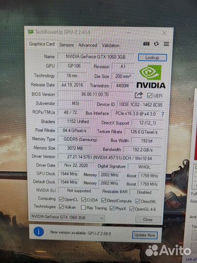 Видеокарта MSI GTX 1060 3gb