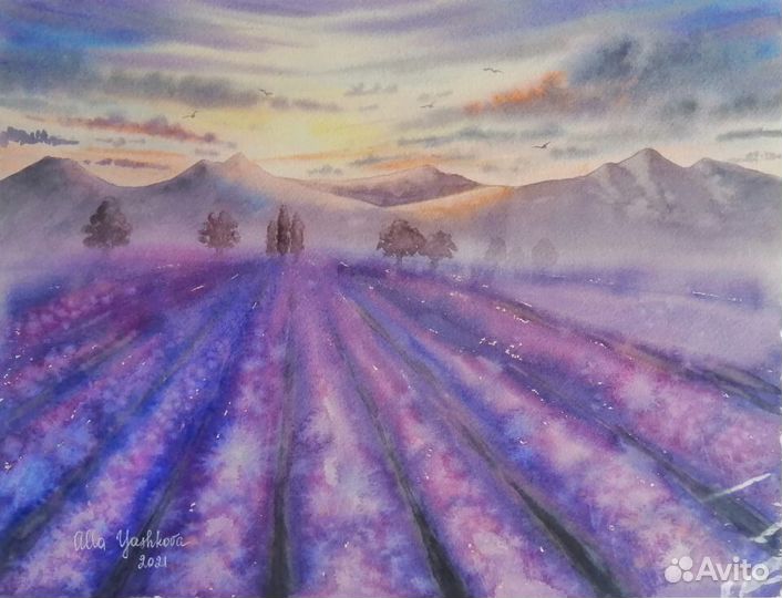 Акварельные картины. Акварель. Лавандовое поле