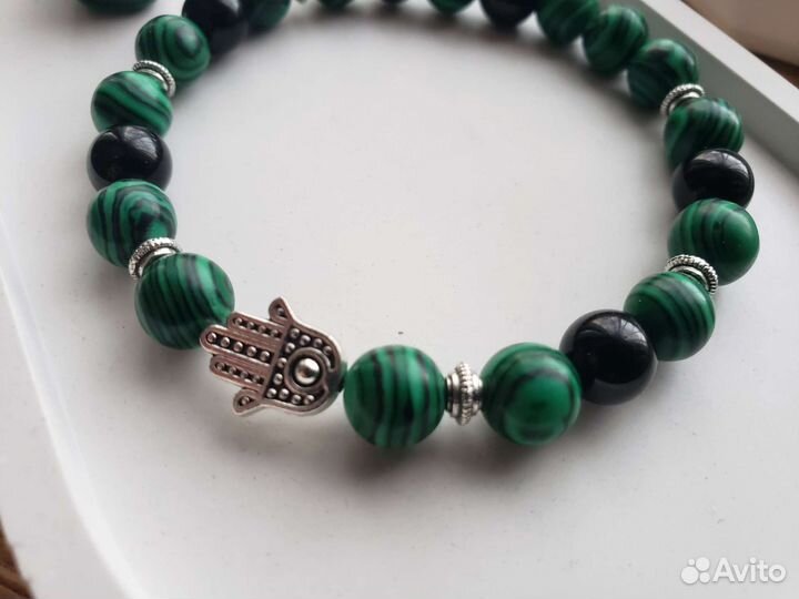 Комплект браслет и подвеска Малахит+Черный Агат
