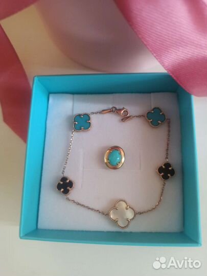 Браслет золотой 585 клевер с бирюзой