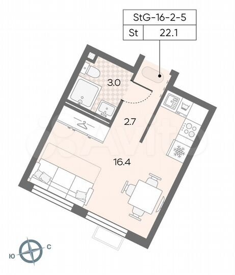 Квартира-студия, 22,1 м², 5/5 эт.