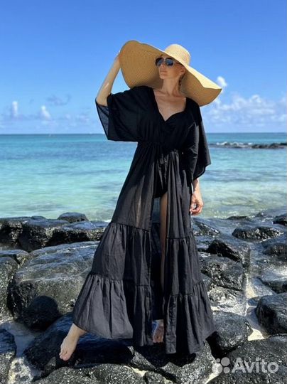 Черная длинная пляжная туника накидка халатик