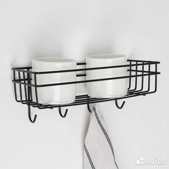 Одноярусная Черная Полка для ванной /бани 4 крючка