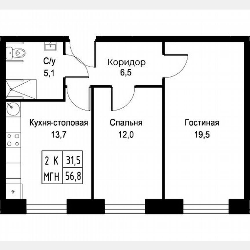 2-к. апартаменты, 56,8 м², 5/30 эт.
