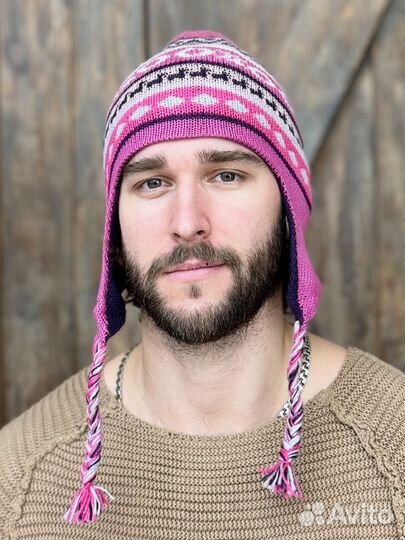 Мужская шапка двусторонняя с ушками зимняя Чульо 100% альпака цвет фуксия-росадо