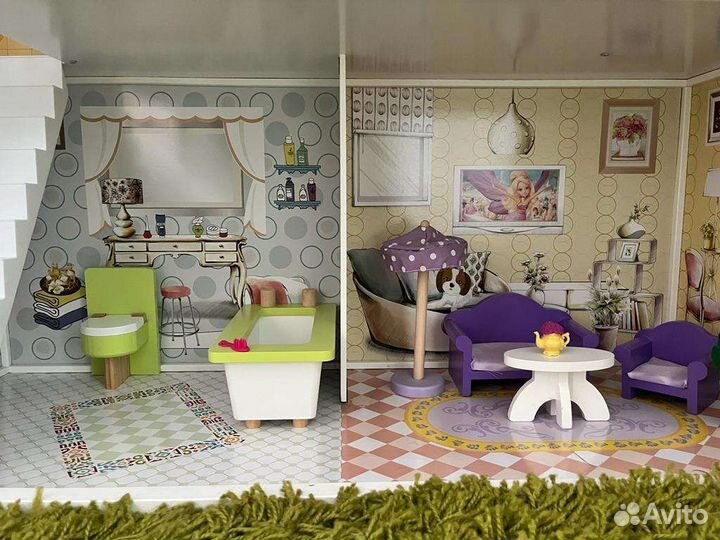 Деревянный кукольный домик для барби с мебелью