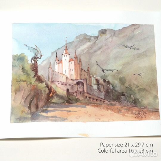 Драконы и замок Фэнтези картина акварелью Оригинал