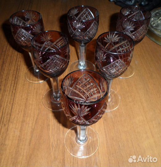 Набор хрустальных рюмок из СССР, 6 штук, цветные