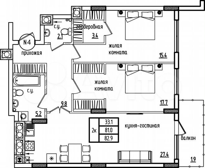 2-к. квартира, 82,9 м², 1/9 эт.