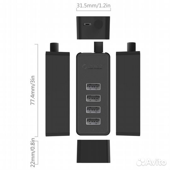 Коммутатор USB HUB orico W5P-U2, 4xUSB 2.0 с допол