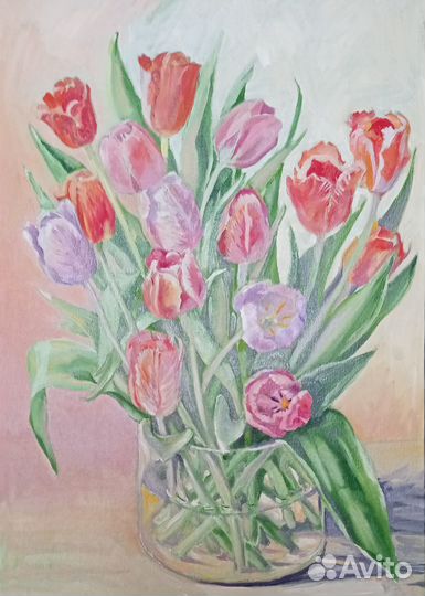 Картина маслом натюрморт с тюльпанами