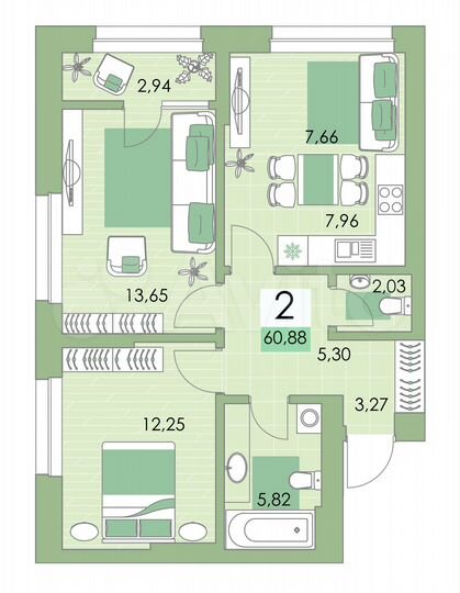 2-к. квартира, 60,9 м², 8/25 эт.
