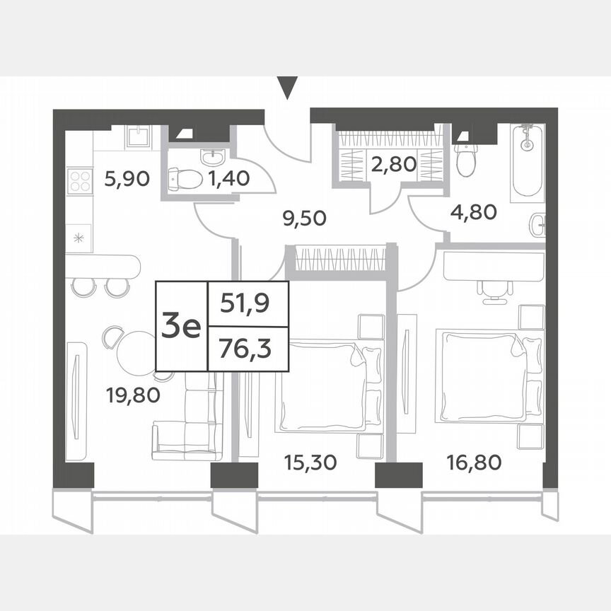 2-к. квартира, 74,9 м², 50/54 эт.