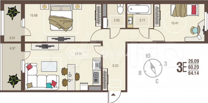 2-к. квартира, 64,1 м², 5/10 эт.