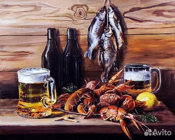 Алмазная мозаика 40x50 Пивко с раками и таранкой