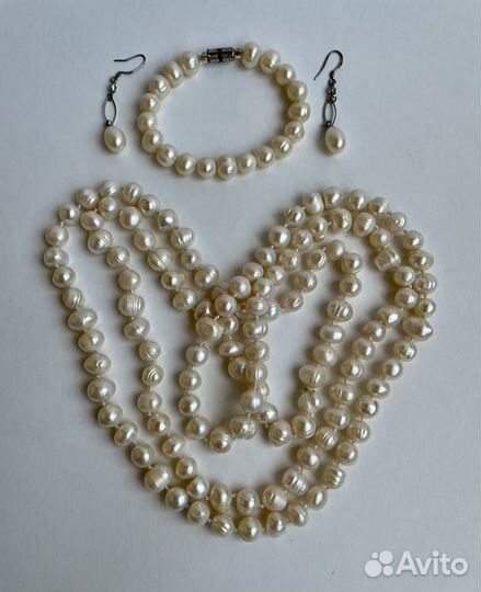 Бусы браслет и серьги из натурального жемчуга