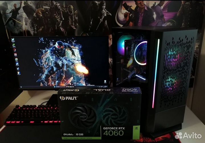 Мощный игровой компьютер с монитором и периферией