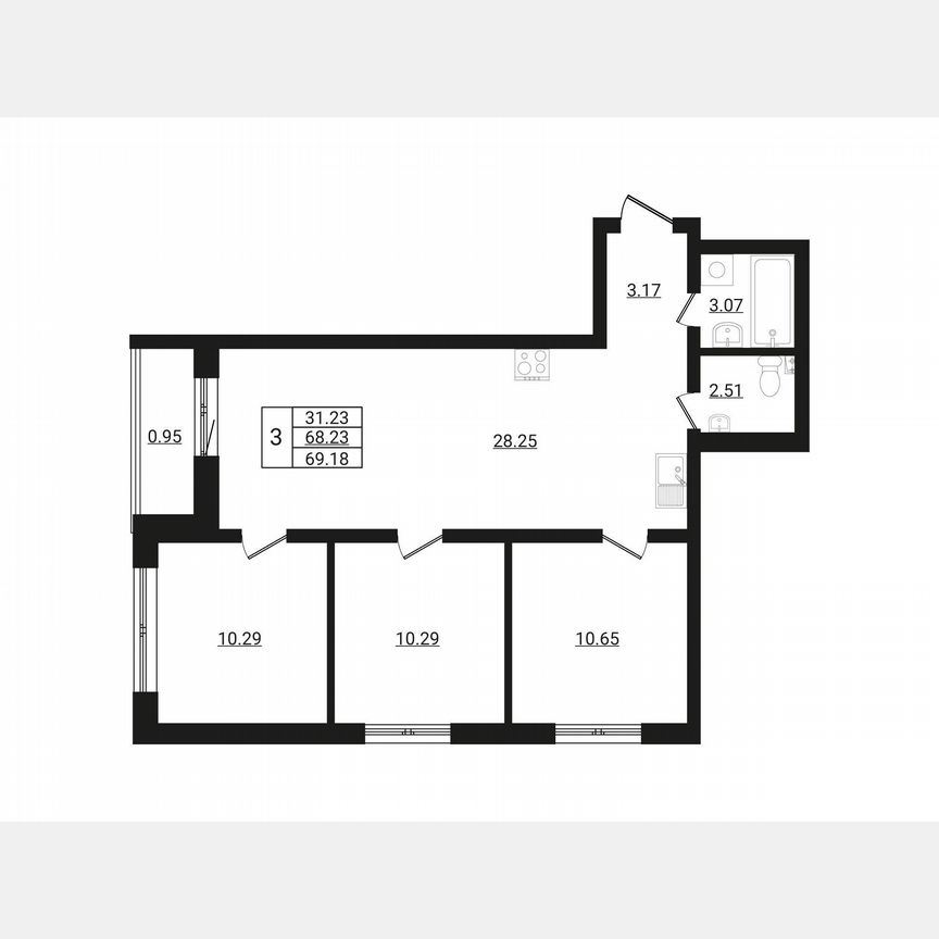 3-к. квартира, 69,2 м², 1/9 эт.