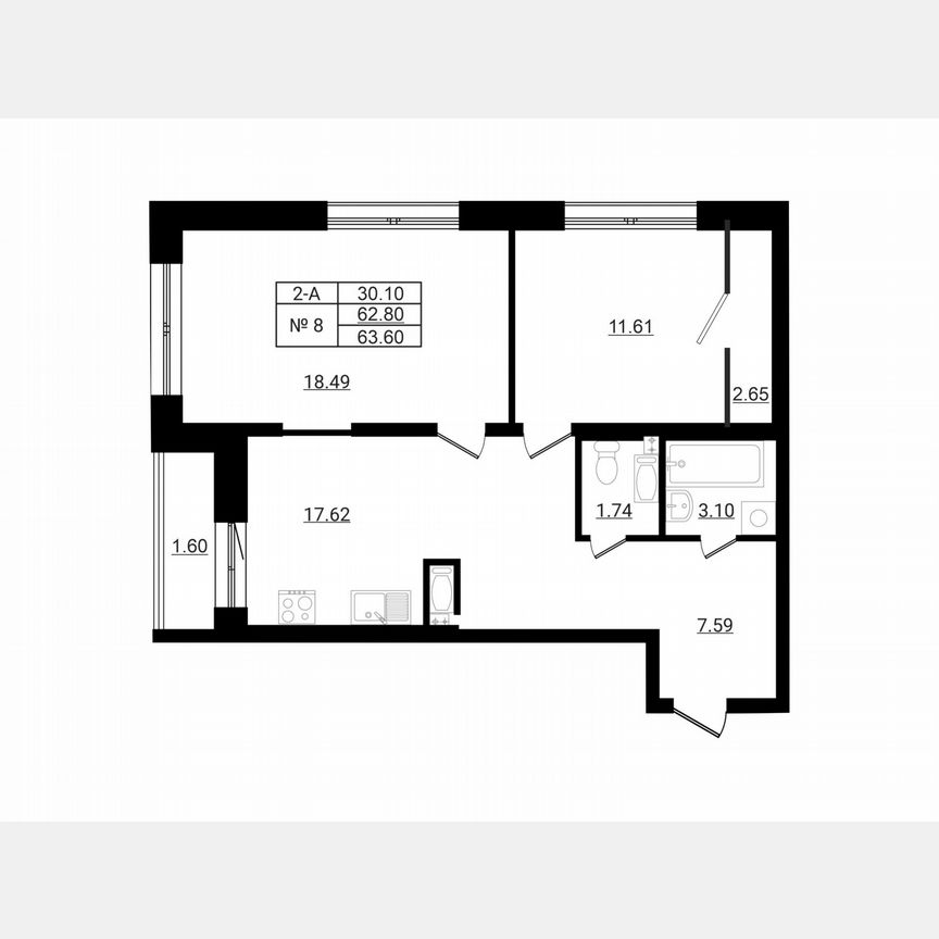 2-к. квартира, 63,9 м², 2/9 эт.