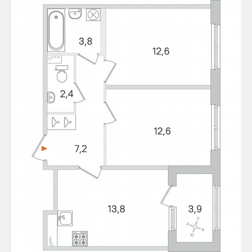 2-к. квартира, 54,4 м², 1/4 эт.