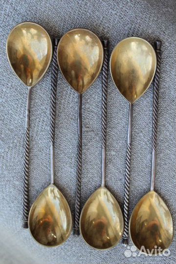 Ложки чайные серебро 875пр. Витые, позолота