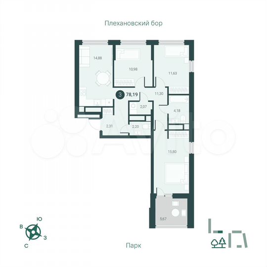 3-к. квартира, 78,2 м², 6/14 эт.