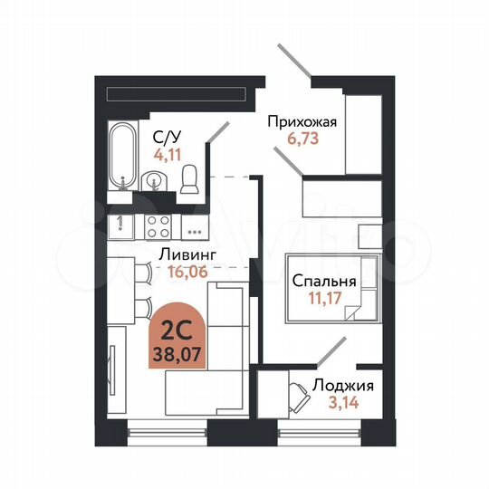 2-к. квартира, 38,1 м², 9/26 эт.