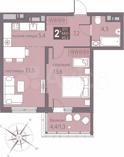 2-к. квартира, 45,3 м², 9/16 эт.