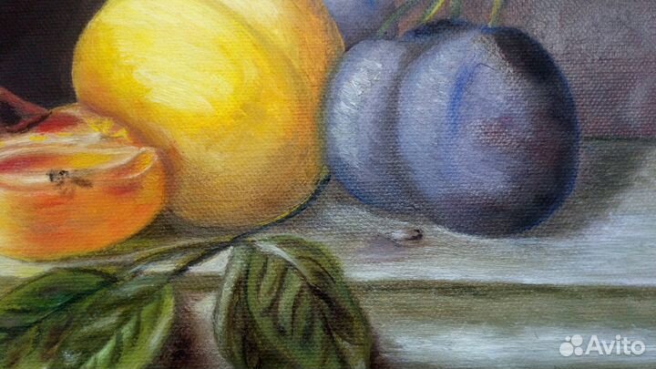 Натюрморт с персиками и черносливом, Холст, масло