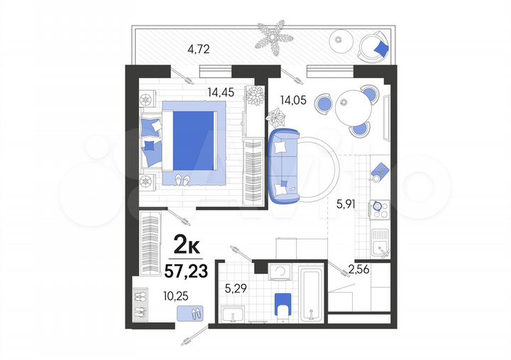 2-к. квартира, 57,2 м², 4/5 эт.