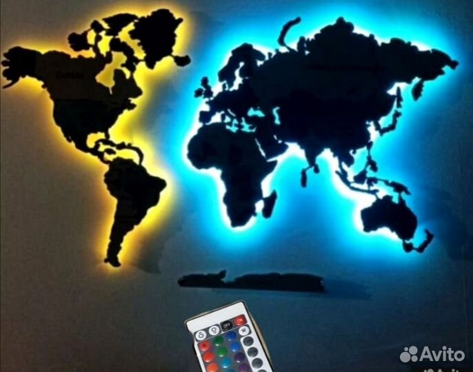Карта мира из дерева с подсветкой 150*85