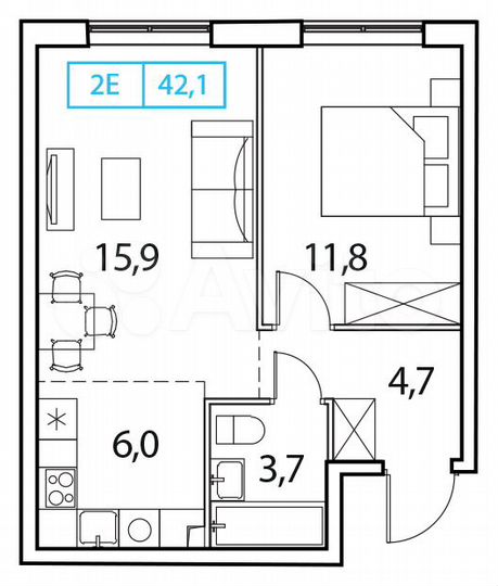 2-к. квартира, 42,1 м², 15/17 эт.