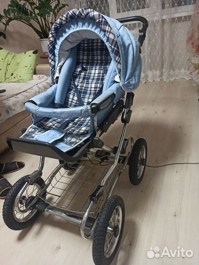 Коляска 2 в 1 Jetem Laura, голубой/клетка, б/у