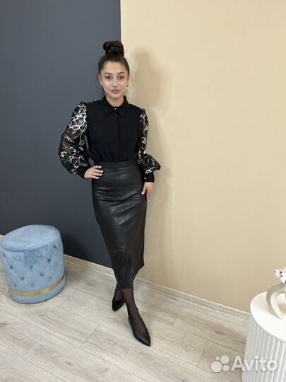 Юбка кожаная женская новая черная миди 42 44 46