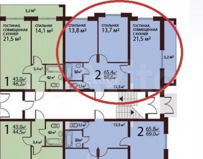 2-к. квартира, 68,6 м², 2/3 эт.