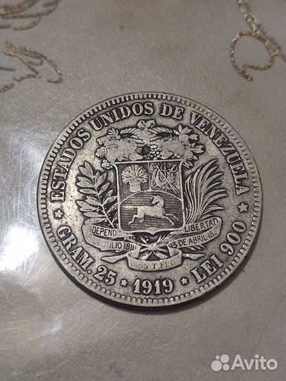 Монета серебро 5 боливар 1919 год
