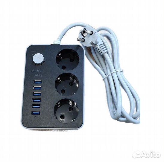 Удлинитель на 6 USB и 3 Розетки CX-U613-B Белый RU