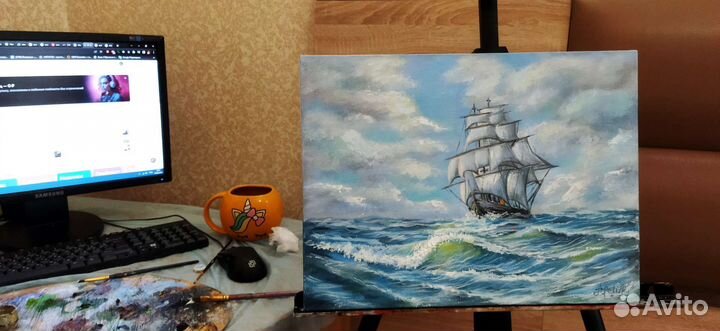 Корабль парусник яхта море волна холст масло Саки