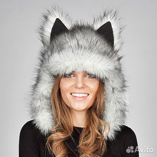 Шапка с ушками Волкошапка Зверошапка-ушанка Хаски