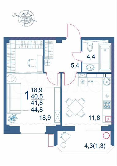 1-к. квартира, 44,8 м², 2/9 эт.