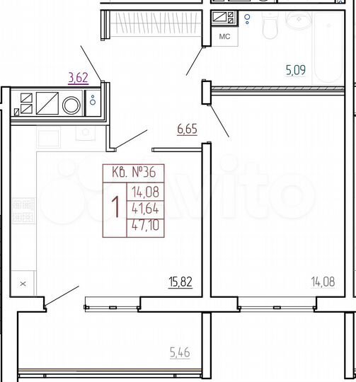 1-к. квартира, 47,1 м², 9/9 эт.