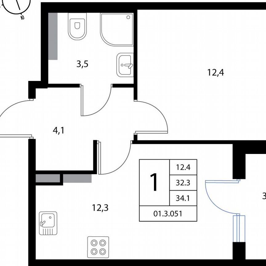 1-к. квартира, 34,1 м², 3/3 эт.