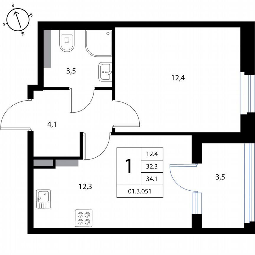 1-к. квартира, 34,1 м², 3/3 эт.