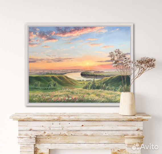 Картина маслом на заказ,пейзаж,облака,рассвет,река