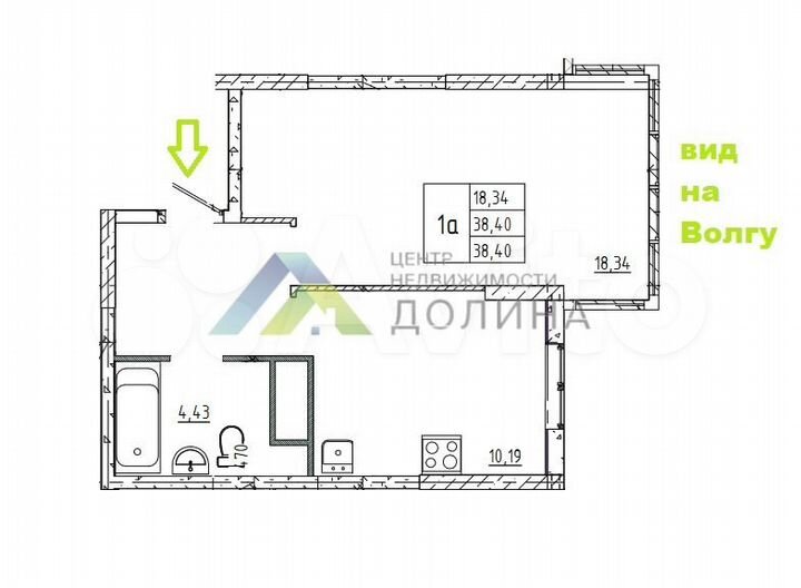 Своб. планировка, 38,4 м², 15/22 эт.