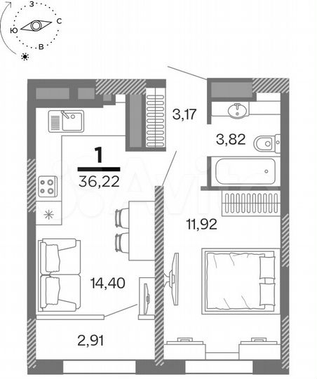 1-к. квартира, 36,2 м², 24/25 эт.