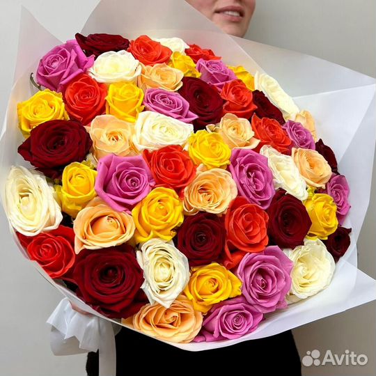 Букет разноцветных роз, Эквадор, 40см 51 шт