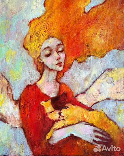 Картина маслом девушка кот ангел в интерьер