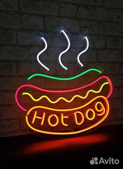 Неоновая вывеска хот-дог 50 х 50 см (с текстом)