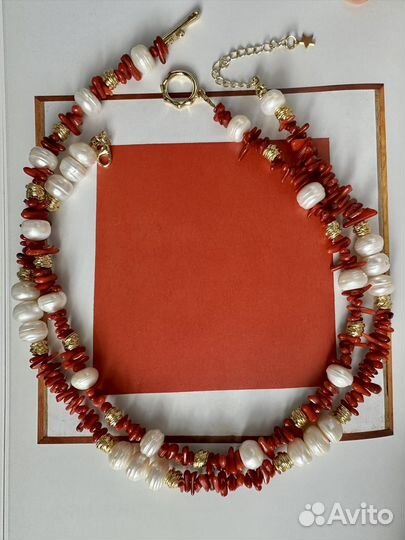 Ожерелье колье чокер коралл и жемчуг